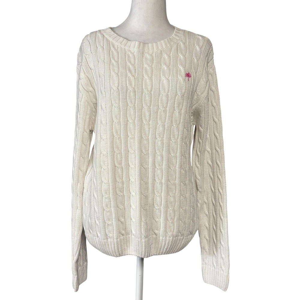 Lilly Pulitzer Sweater Womens Petite‎ Large White Cable Knit Crewneck Pullover